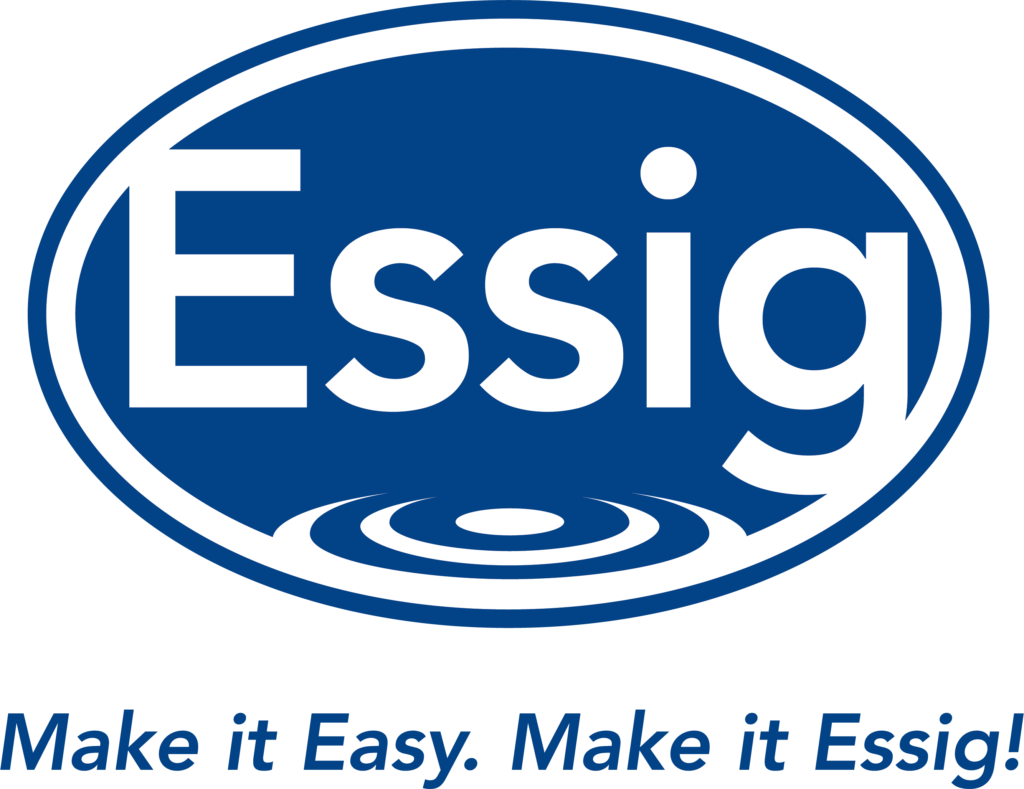 Blue and white logo with the word “Essig” inside an oval above water ripples, and the slogan “Make it Easy. Make it Essig!” below.