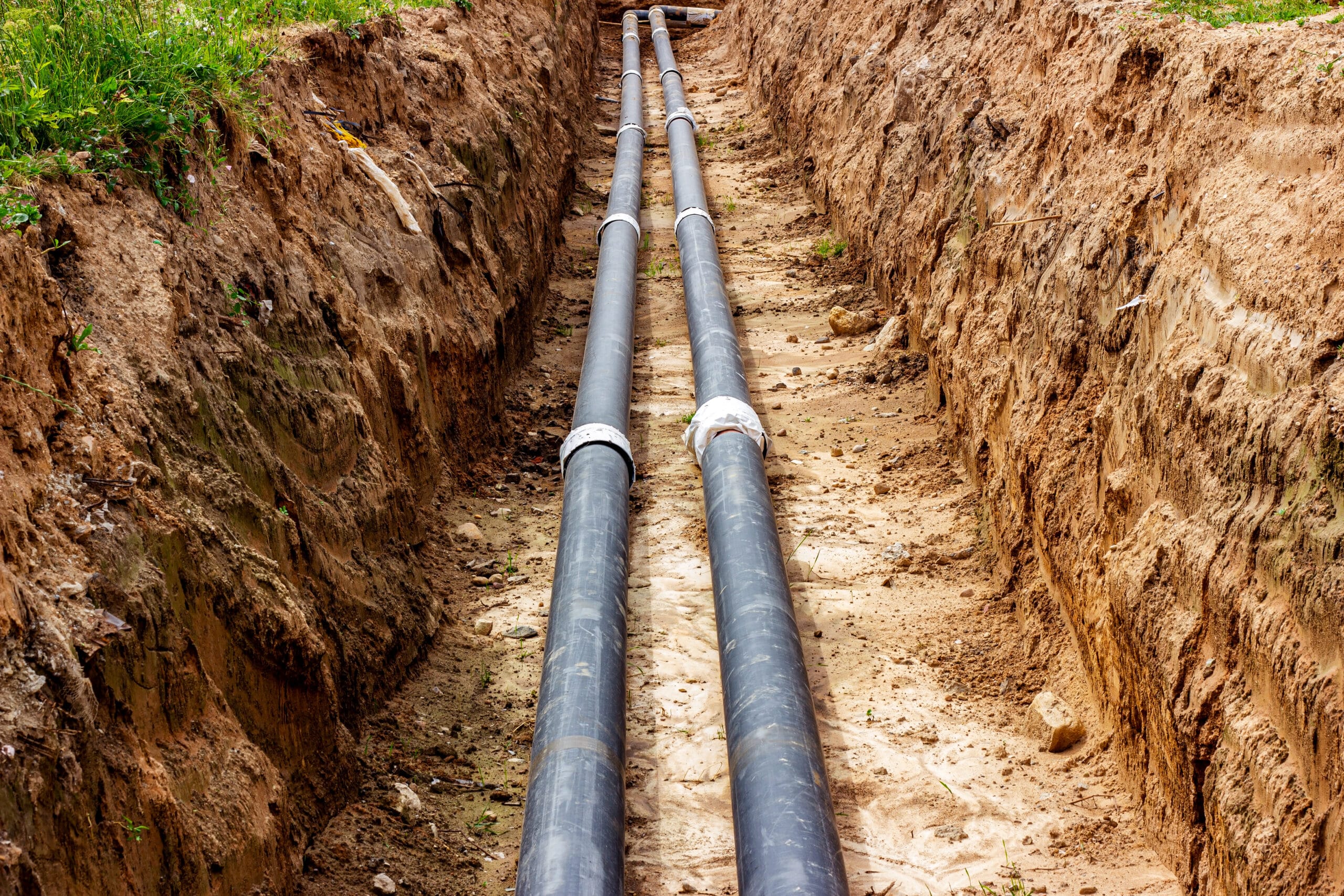Two Long Black Pipes Lie Parallel In A Narrow Dirt Trench, Surrounded By Earthy Walls, Under A Partly Grass-Covered Surface.