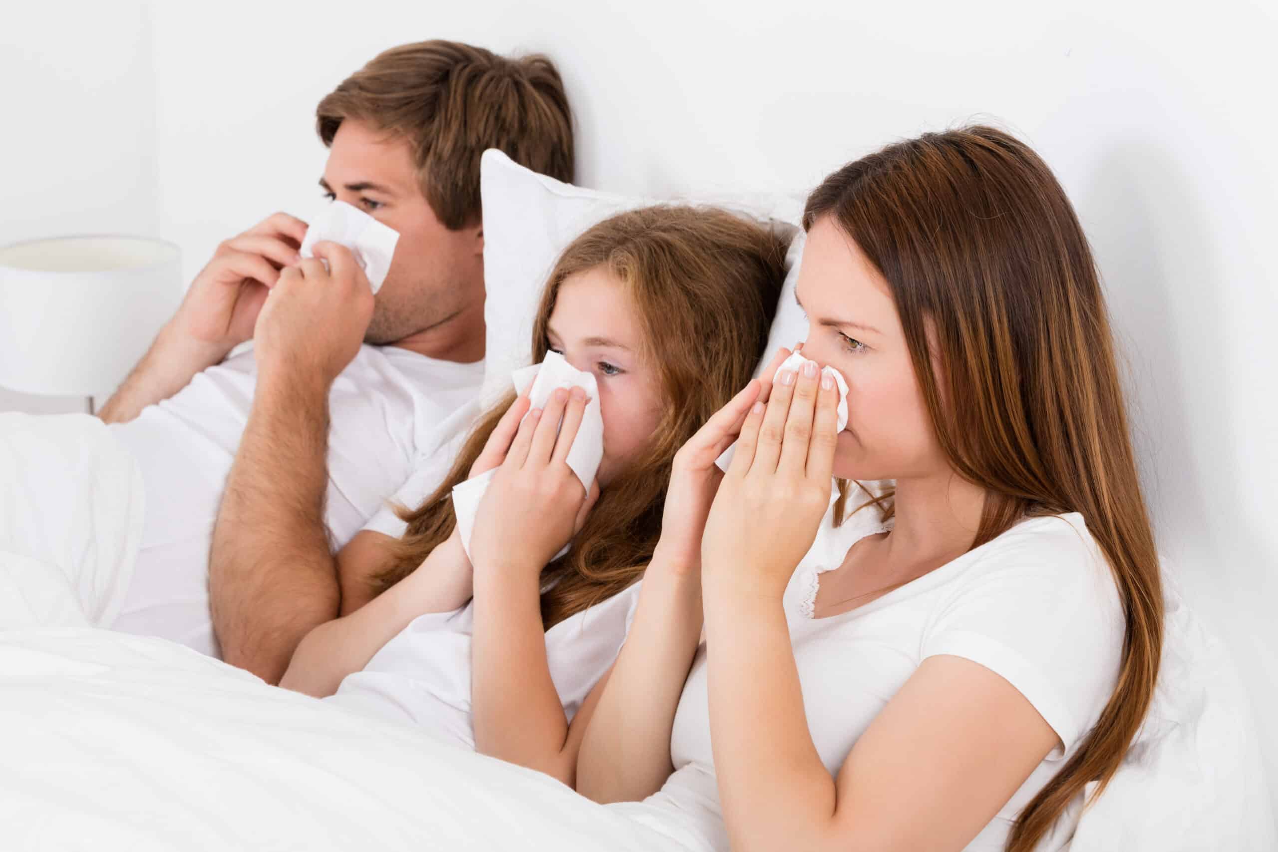 A Man, Woman, And Child Sit In Bed, Each Using A Tissue To Blow Their Noses, Suggesting They Are Dealing With A Cold Or Allergies.