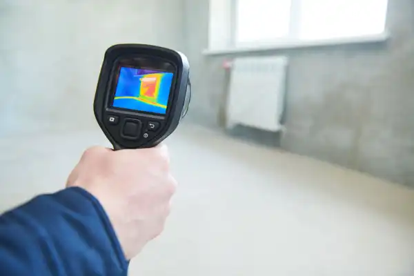 A person uses a thermal imaging camera to scan a room, expertly displaying a heat map that might reveal hidden issues, like those identified in a top-notch Leak Detection Service.