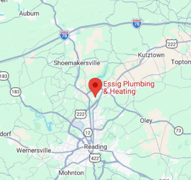 Map showing the location of Essig Plumbing & Heating near Reading, Pennsylvania, with surrounding towns and highways labeled.