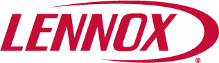 Lennox Logo In Red Uppercase Letters With A Curved Underline And Overline On A Light Gray Background.