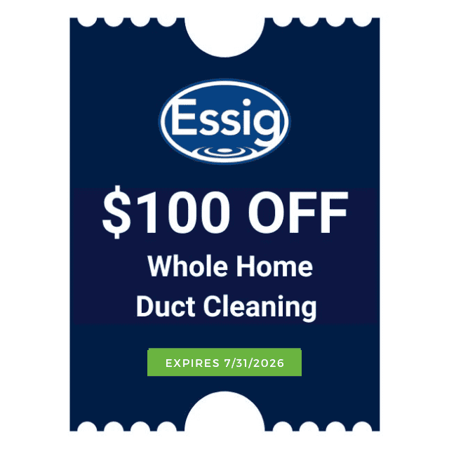 A Blue Essig Coupon For $100 Off Whole Home Duct Cleaning, Featuring One Of Our Exclusive Seasonal Specials And An Expiration Date Of 7/31/2026.