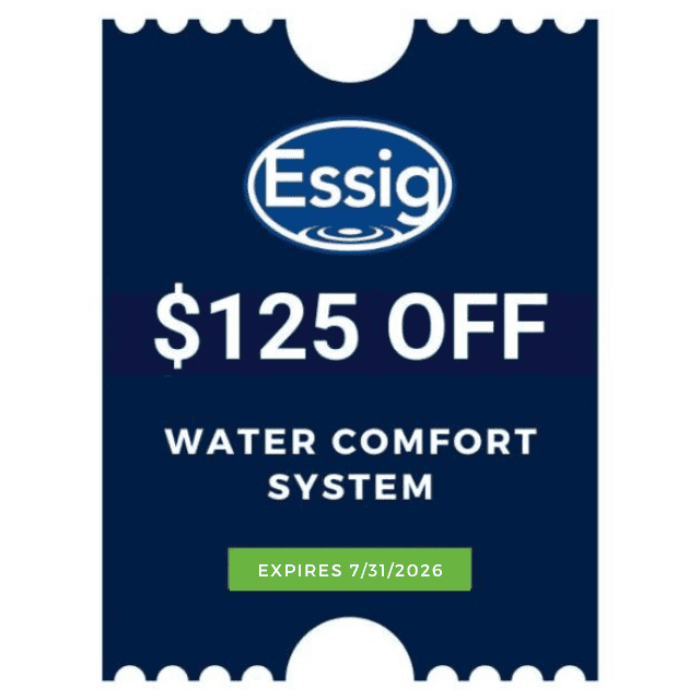 Take Advantage Of Essig&Apos;S Seasonal Specials With This Navy Blue Coupon For $125 Off A Water Comfort System. Featuring Crisp White Text And Valid Through July 31, 2026, It’s The Perfect Way To Enjoy Added Savings And Comfort At Home.