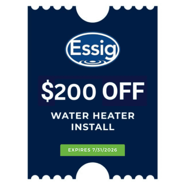 Dark Blue Essig Coupon With White Text Offering $200 Off Water Heater Installation. Highlight Your Savings With Our Seasonal Specials—Green Tag States Offer Expires 7/31/2026.