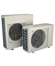 Two white outdoor air conditioning units with protective grilles are standing side by side against a plain background.