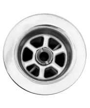 A close-up, top-down view of a metal sink drain with a circular grid pattern.