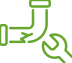Green line drawing of a pipe with a leak and a wrench next to it, symbolizing plumbing repair or maintenance.