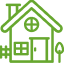 Green outline drawing of a house with one window, a door, a tree, and a section of fence on a white background.