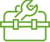 Green outline icon of a toolbox with a wrench resting on top, symbolizing tools or repair services.