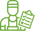Green line drawing of a person wearing a cap and apron holding a checklist clipboard with three checked boxes and one unchecked box.