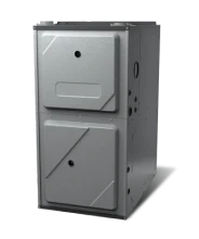 A gray metal furnace unit with two front panels, designed for residential or commercial heating systems, shown against a plain white background.