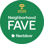 Green Circular Badge With A Gold Trophy, Text “2025 Neighborhood Fave,” And The Nextdoor Logo At The Bottom.