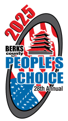 2025 Berks County People’s Choice 28Th Annual Logo Featuring A Red Pagoda, American Flag Background, And Bold Text.