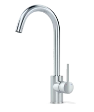 A modern, silver kitchen faucet with a high curved spout and a single lever handle on the side, displayed against a plain light background.